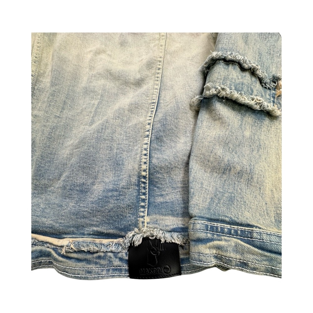 Makobi Denim Jacket Mens XL Blue Distressed Frayed Premium Cotton Trucker Coat - Picture 11 of 12